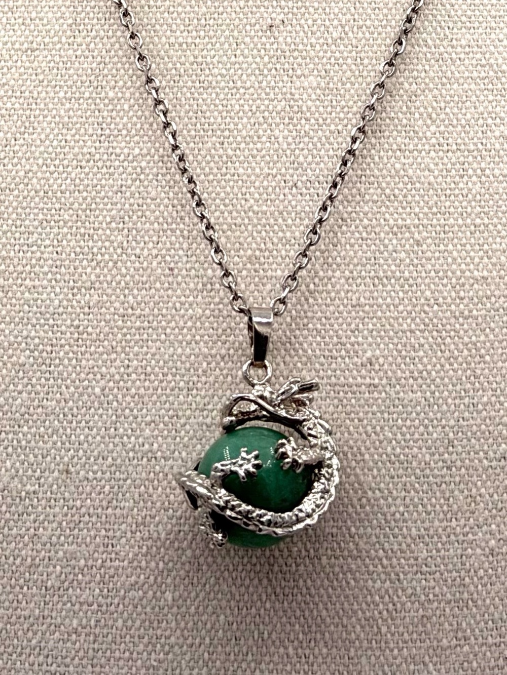 Green Aventurine Stone Silver-Tone Chinese Dragon Mens or Women’s Necklace